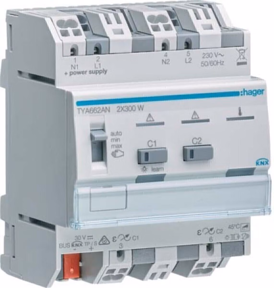 Attuatore dimmer universale Hager a 2 vie TYA662AN KNX 2x300W, compatibile con lampade ESL/LED