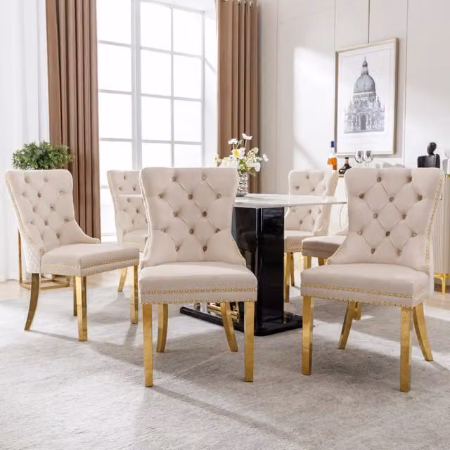 Set di 6 sedie da pranzo MINIMAL in velluto beige con gambe dorate in metallo