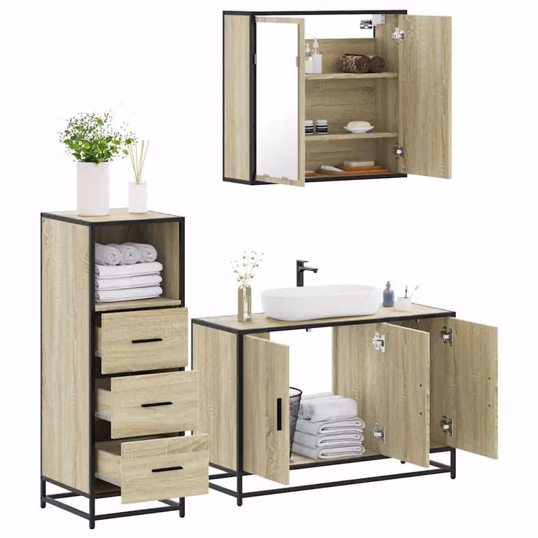 Set di mobili da bagno 3 pezzi vidaXL in stile industriale color rovere con armadietto specchio, mobile lavabo e mobile laterale