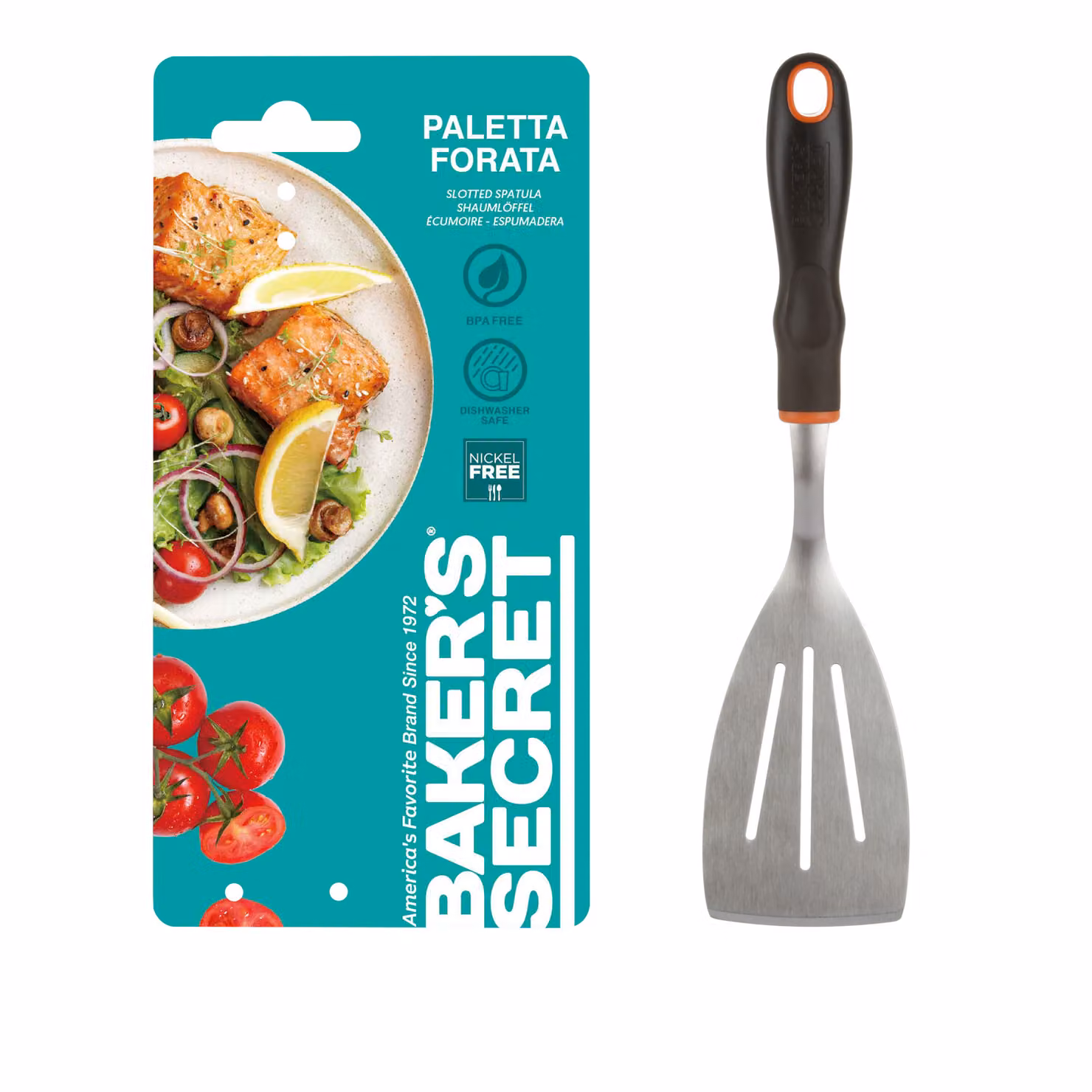 Paletta forata Baker's Secret in acciaio inox e silicone, colore argento, L: 33,5 cm – 2