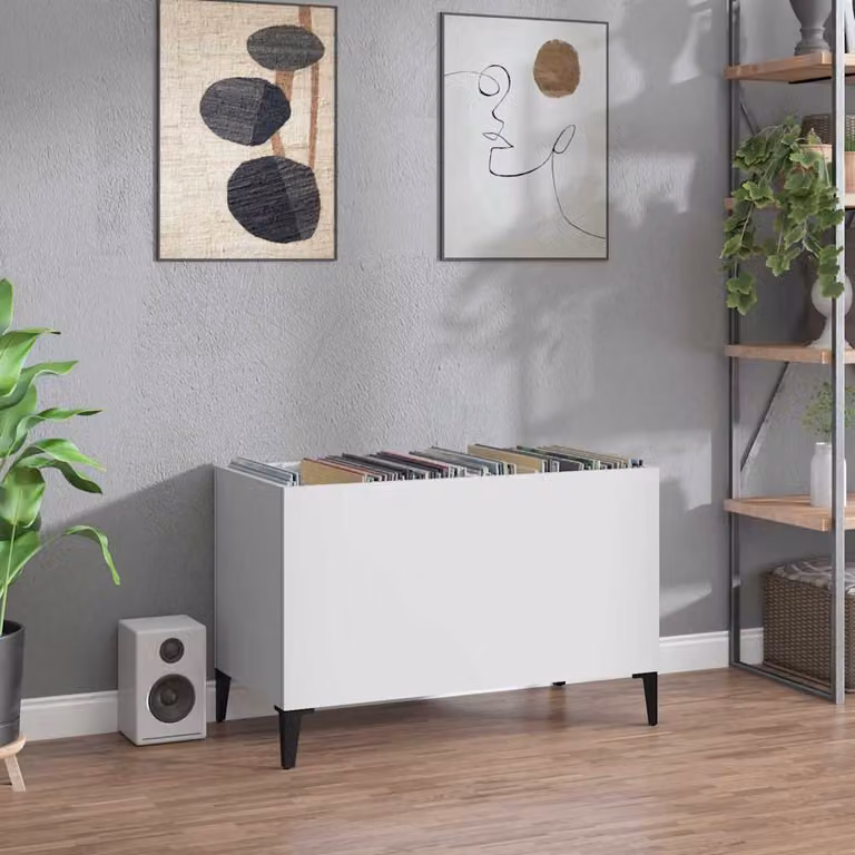 vidaXL Mobile Porta Dischi Bianco in Legno e Metallo H: 74,5 cm, L: 38 cm, P: 48 cm