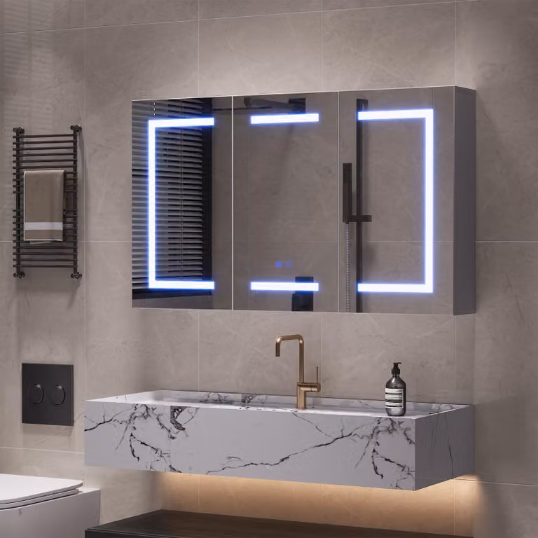 Armadietto a specchio Moonbite LED da 100 cm con 3 ante, sistema antiappannamento e presa UE, bianco