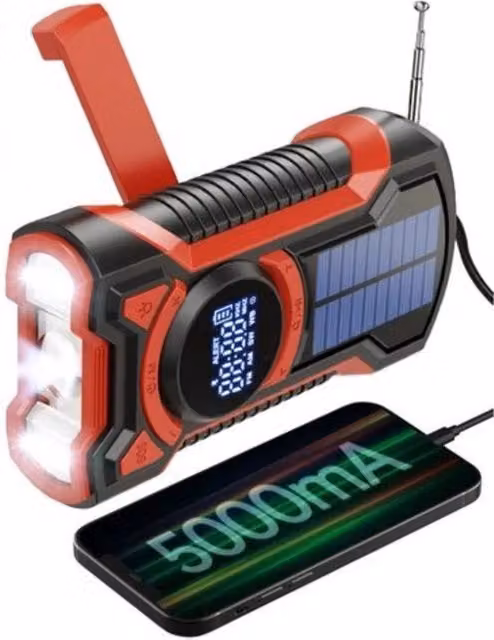 Radio di Emergenza Portatile Stemily con Pannello Solare, Bluetooth e USB-C, Colore Rosso, Batteria da 5000 mAh, Funzioni AM/FM e Allarme SOS