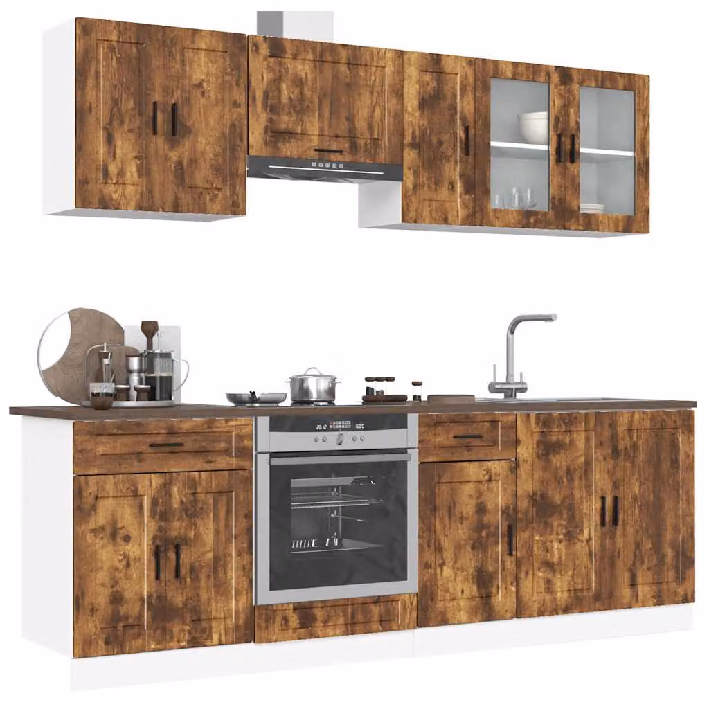 Set di mobili da cucina moderno vidaXL composto da 8 pezzi in legno multistrato e vetro, colore marrone