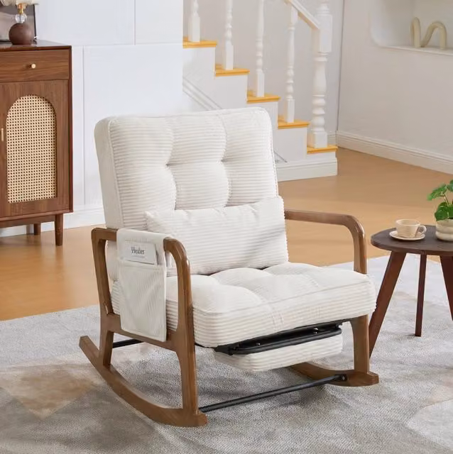Poltrona a dondolo beige in corduroy con poggiapiedi estraibile e schienale regolabile
