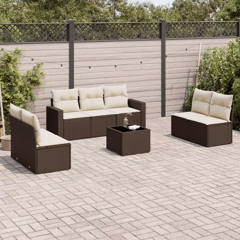 Set di divani da giardino vidaXL 8 pezzi in polyrattan marrone con cuscini bianchi e tavolino da esterno