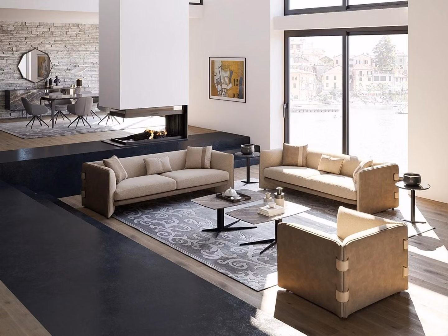 Luxus Wohnzimmer Garnitur 7tlg Polstermöbel Dreisitzer Sofas Textil Sessel