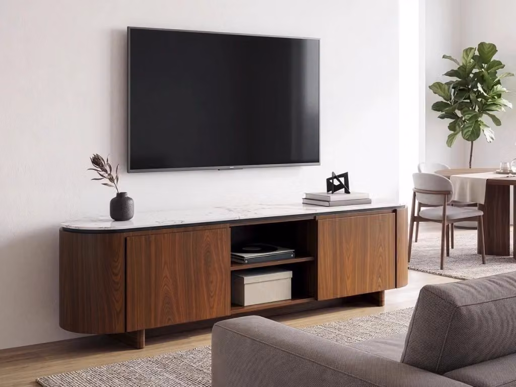 Porta TV Stonea in legno con piano in ceramica, Marrone, L: 200 cm, P: 40 cm, H: 55 cm – 2