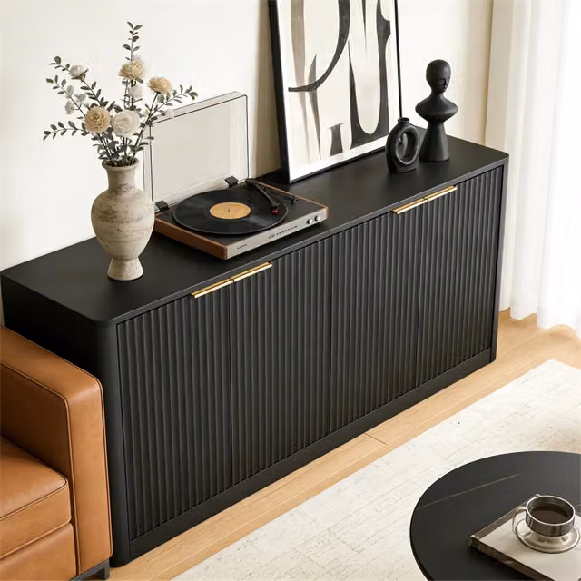 Credenza e madia moderna OKWISH con 4 ante e vani contenitore in MDF nero per soggiorno e cucina L/P/H: 150 x 40 x 70,5 cm