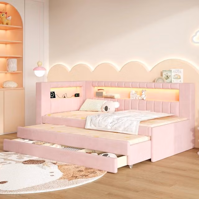 Letto da giorno moderno in MDF rosa con illuminazione LED, porta USB e tre cassetti, L/P/H: 90 x 200 cm