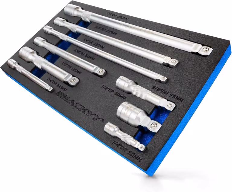 Set di prolunghe, 9 pezzi, da 1/4 di pollice, 3/8 di pollice e 1/2 di pollice, da 50 mm a 250 mm, per uso automobilistico