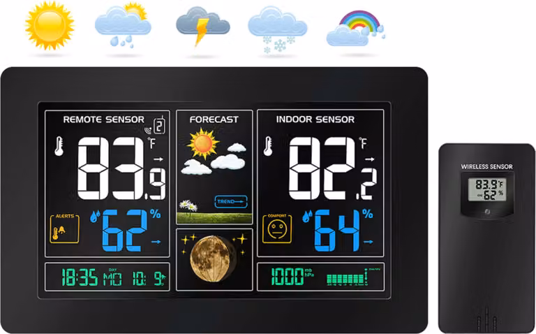 Stazione meteorologica wireless Echos con display LCD a colori | previsioni del tempo | sensore esterno con display LCD | visualizzazione di data e ora | visualizzazione della temperatura e dell'umidità interna ed esterna | visualizzazione delle fasi luna