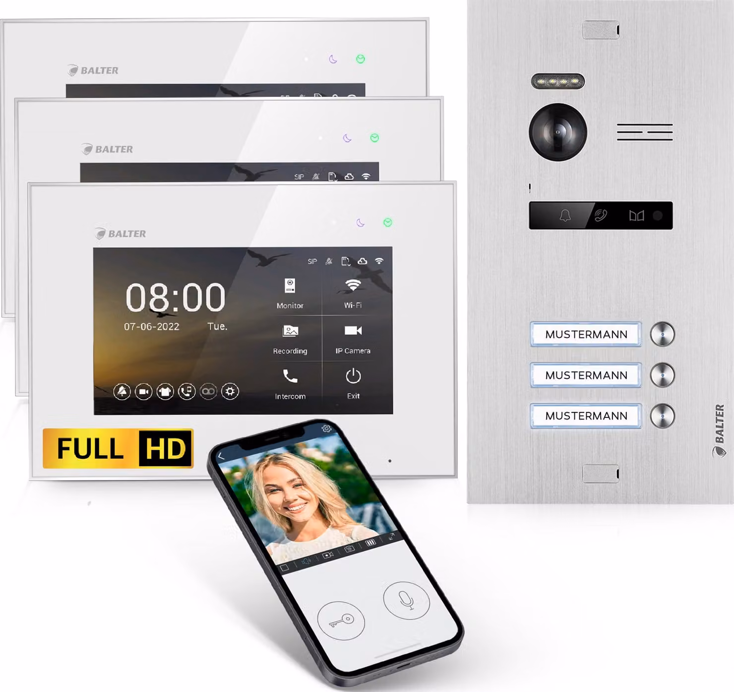 Videocitofono HD con app per smartphone per casa trifamiliare, 3x monitor, Balter EVO HD WLAN