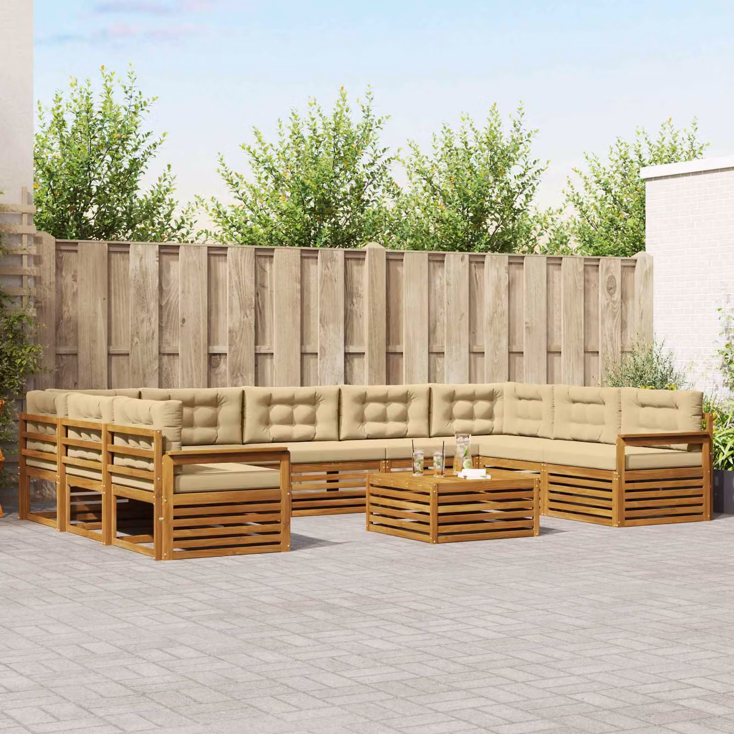 Set di divani da esterno moderno vidaXL in legno di acacia, 10 pezzi, Beige e Marrone