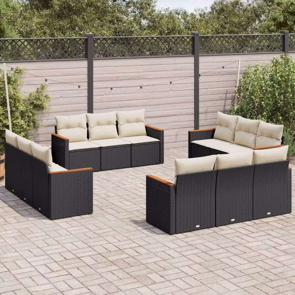 Set di Divani da Giardino vidaXL a Forma di U con Cuscini, Struttura in Metallo e Polyrattan, Colore Nero e Bianco – 1