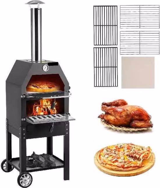 Forno a legna per pizza, grill e barbecue con affumicatore 40x35 cm