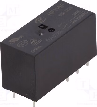 1 relè: bobina elettromagnetica, 6 VDC, 16 A/250 VAC, 16 A, modello HF115F/006-1Z3B, elettrico