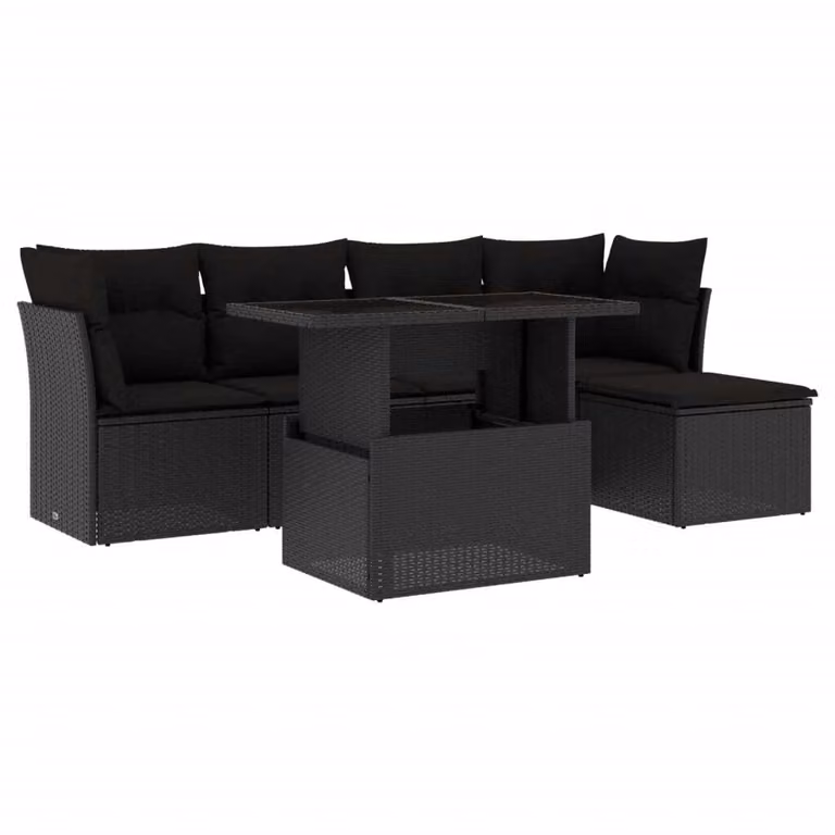 Set Divano da Giardino 6 pz con Cuscini Nero in Polyrattan