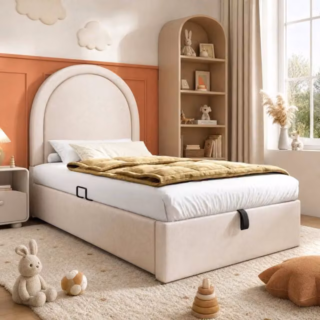 Letto per bambini imbottito 90 × 200 cm con contenitore idraulico in PU beige con rete a doghe e testiera