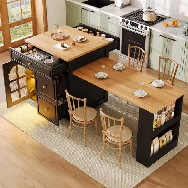 Isola da cucina allungabile ¨C Minimal ¨C 122,5-195,5cm, nero, effetto legno, con cassetti, vetro, luce RGB