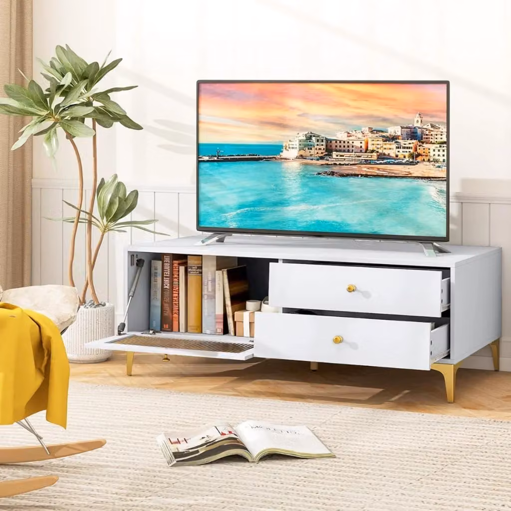 Mobile porta TV moderno con scomparti e anta a ribalta in vetro, console per soggiorno in MDF e metallo, Grigio Chiaro e Bianco, L: 120 cm, P: 46 cm, H: 62 cm – 2