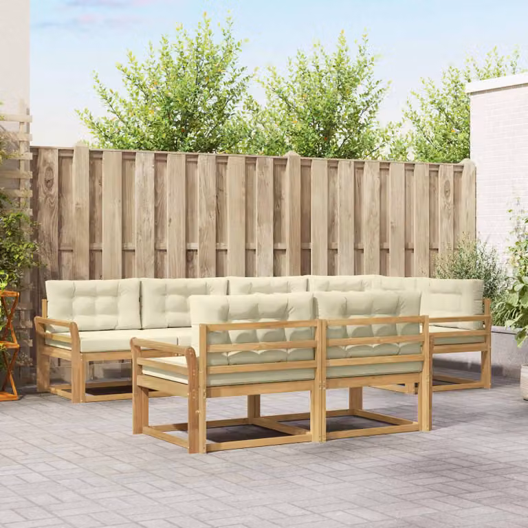 Set di divani da esterno a forma di U vidaXL in legno di acacia con cuscini, Bianco, Beige e Marrone