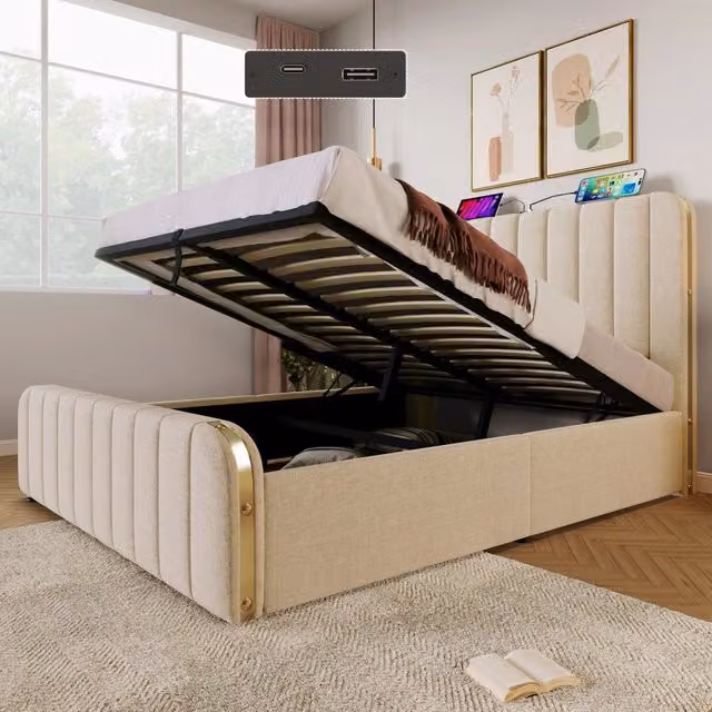 Letto imbottito matrimoniale 140x200 cm, lino beige, testiera con profili dorati e USB-C, contenitore idraulico, portata 181 kg, senza materasso