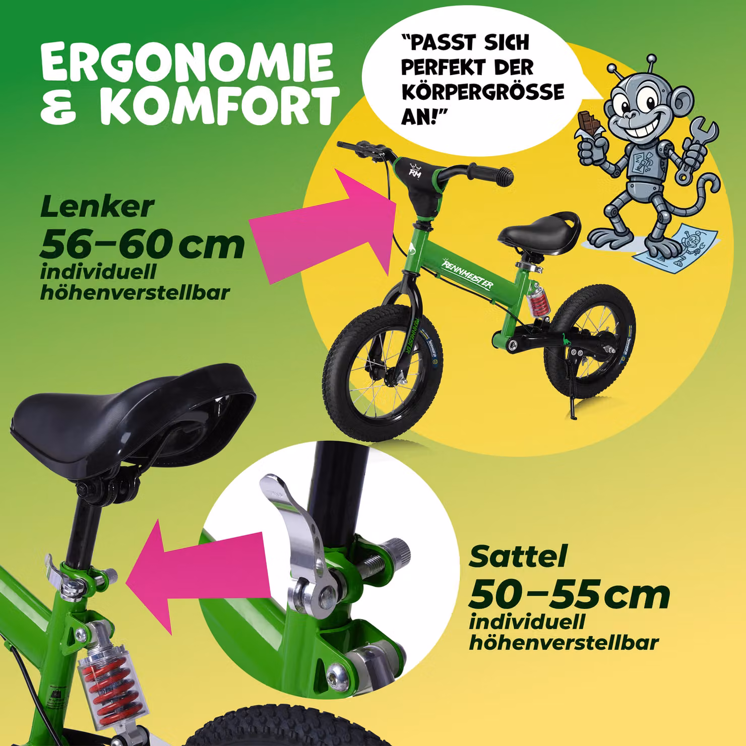 Bicicletta da equilibrio Rennmeister per bambini verde con maniglia di spinta e freno regolabile in altezza – 4