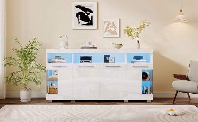 Credenza Moderna Bianca Lucida con Luci LED per Soggiorno o Sala da Pranza, Larghezza: 140 cm