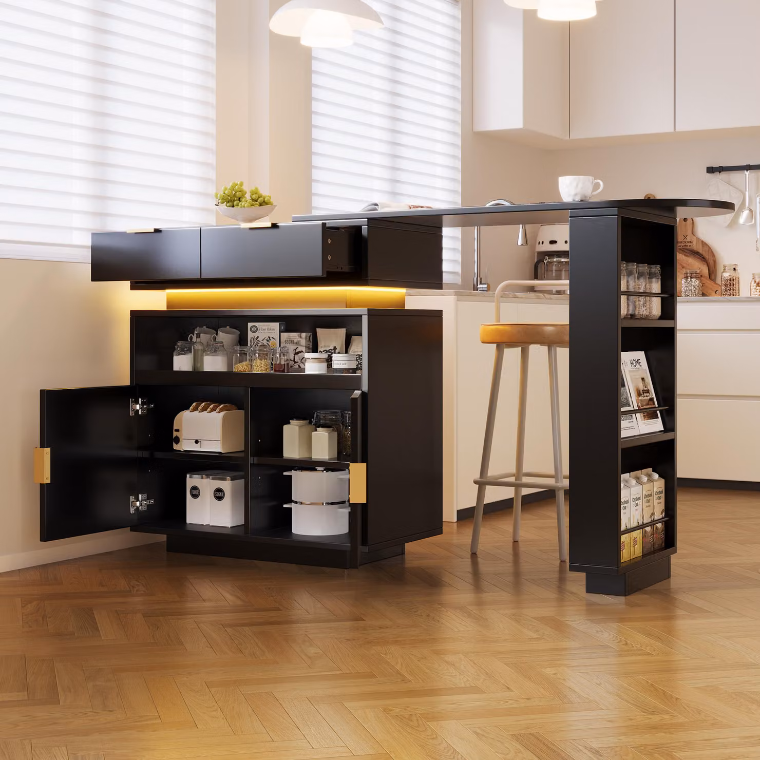 Tavolo allungabile Stilvora con spazio contenitore e illuminazione LED, isola da cucina con funzione girevole a 360°, tavolo da cucina utilizzabile come mobile bar portatile, colore nero