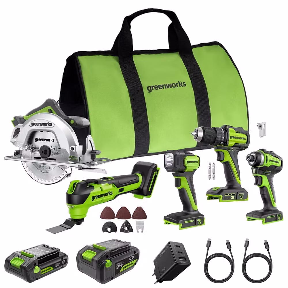 Greenworks POWERALL 24V Kit elettroutensili 5 pezzi - 2 Batterie