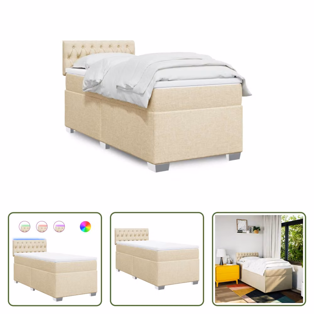 The Living Store Letto a molle con materasso crema 90x190 cm in tessuto