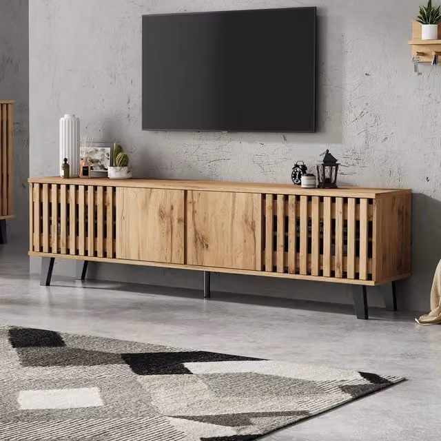 Mobile TV Mivray moderno color legno naturale con 4 ante e 8 vani per televisori fino a 70 pollici L/P/H: 180 x 40 x 55 cm