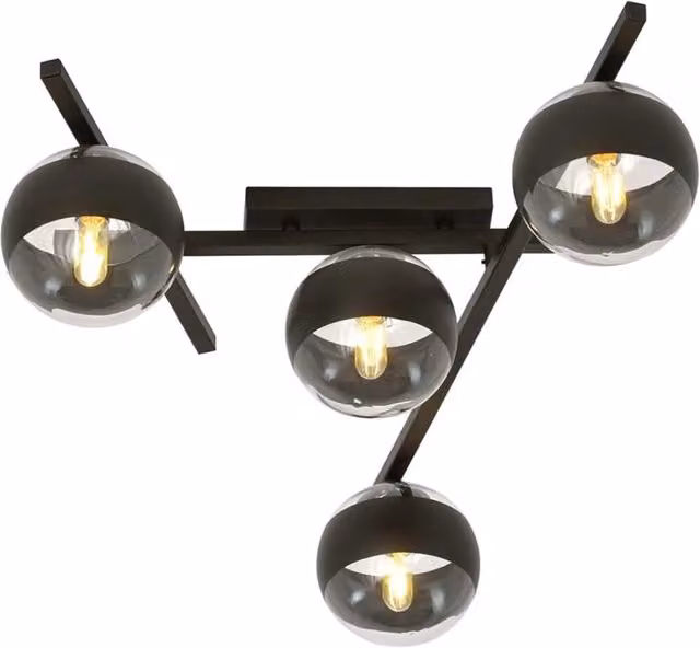 Plafoniera Moderna Tefnet in Metallo Nero con 4 Luci E14 e Vetro Trasparente