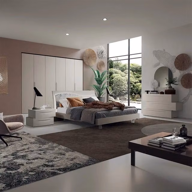 Set camera da letto moderna Clelia in legno frassino e tessuto beige e bianco con letto 180x200 cm, armadio, cassettiera, comodino e specchio