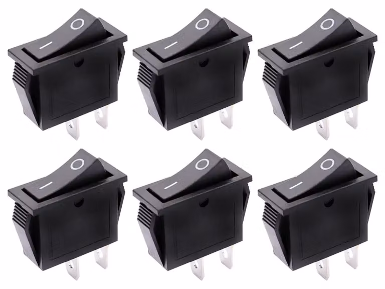 Interruttore a levetta 16A 250VAC, 2 poli, on/off, dimensioni 38x34mm, confezione da 6 pezzi
