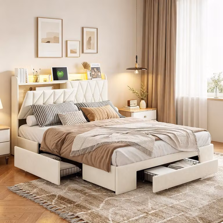 Letto imbottito INONEFT 140x200 con contenitore a cassetti, letto matrimoniale con LED/USB, letto per ragazzi con testiera, struttura del letto con rete a doghe, tessuto velluto, colore beige