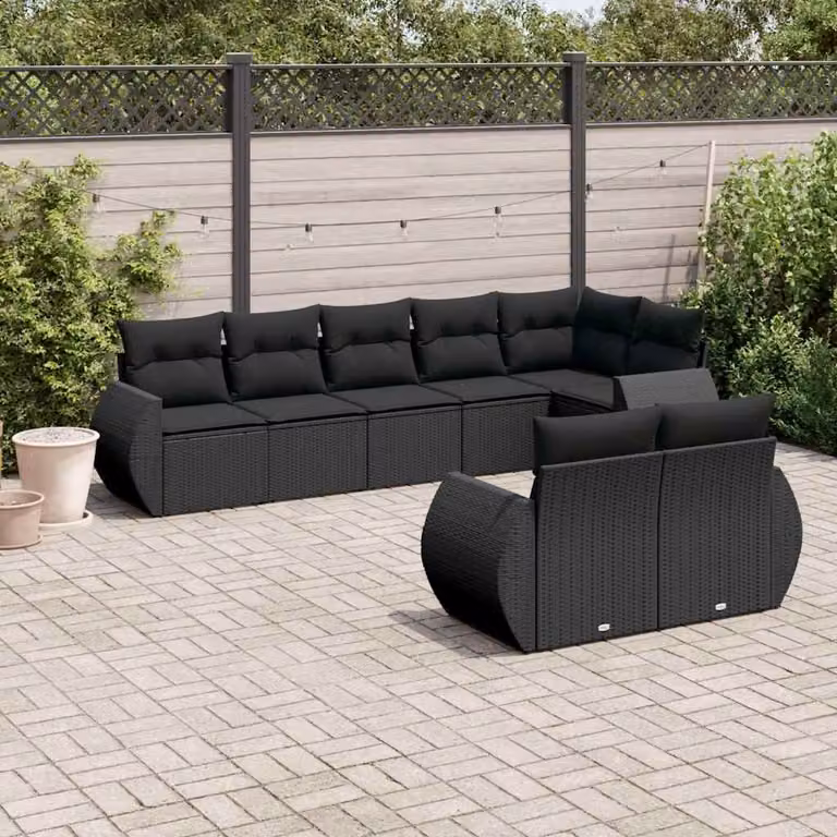vidaXL Set Divani da Giardino a L con Cuscini 8 pz Nero in Polyrattan e Struttura in Metallo