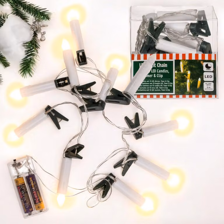 Catena luminosa a LED con 10 luci a forma di candela, lunghezza 3 metri, alimentazione a batteria, con timer