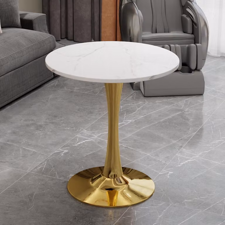 Tavolino da caffè dorato, effetto marmo, forma rotonda, diametro 70 cm – Tavolo da pranzo in stile mid-century modern per 2-4 persone, decorazione effetto marmo bianco