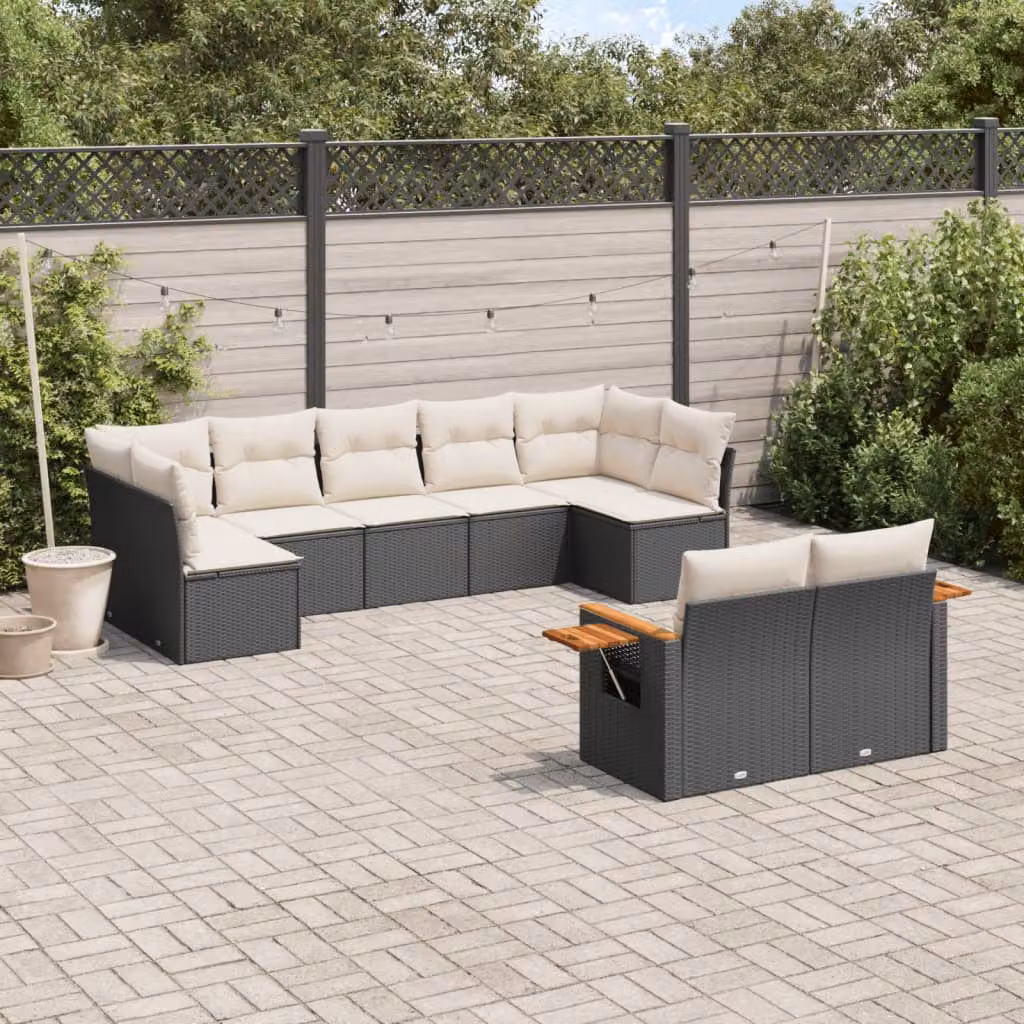 vidaXL Set Divani da Giardino 9 pz in Polyrattan con Cuscini Bianchi e Nero – 1