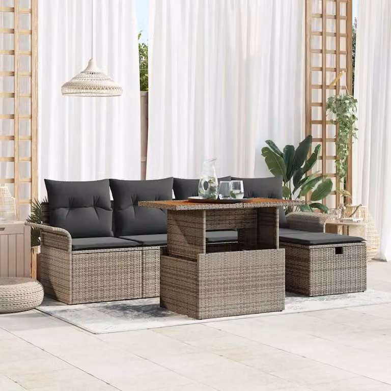 Set Divano da Giardino a L vidaXL in Polyrattan Grigio con Cuscini e Tavolino da 6 Pezzi