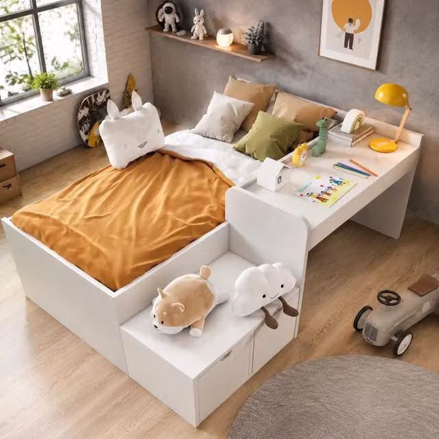 Letto singolo in legno massello con scrivania e cassetti, 90x200 cm, bianco, con rete a doghe, senza materasso
