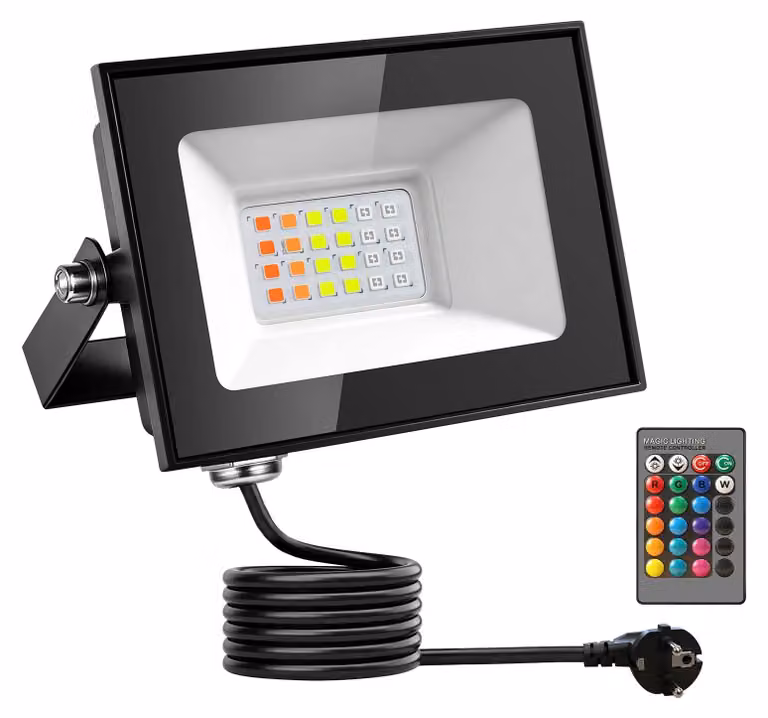 Faretto LED RGB per illuminazione esterna, 20 W, con cambio colore, grado di protezione IP66 (resistente all'acqua), alimentazione 220–240 V, con spina, confezione da 1 pezzo