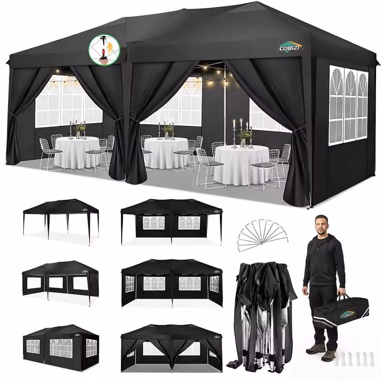 Gazebo da esterno 3x6 metri, impermeabile, stabile, con protezione anti-UV e dotato di 6 pareti laterali, colore nero