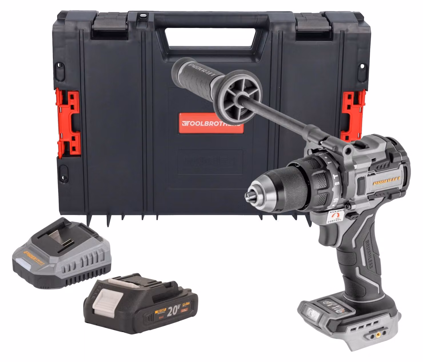 Avvitatore a percussione a batteria ProCraft Industrial CD20C-BB 20 V 120 Nm brushless + 1 batteria da 2,0 Ah + caricabatterie + valigetta RHINO