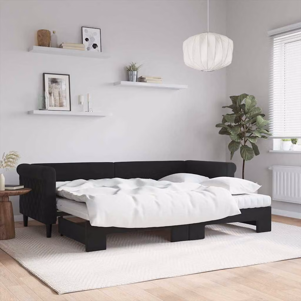 vidaXL Divano Letto Estraibile in Velluto Nero con Materasso in Schiuma L/P/H: 229 x 80 x 68 cm