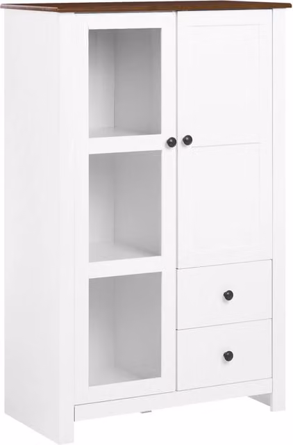 Vetrina bianca in MDF, 80 cm, vetrina alta con ante in vetro e cassetti, stile rustico-country