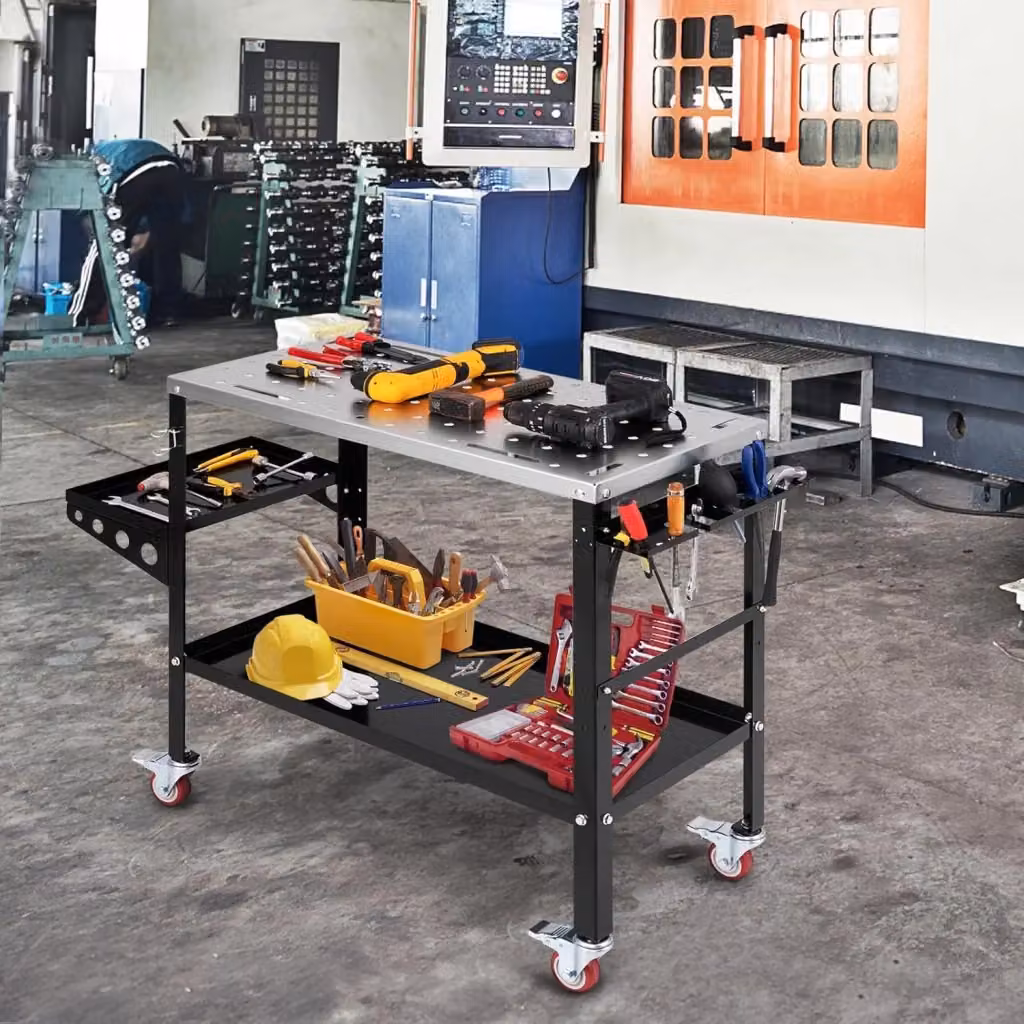 Costway Banco da lavoro per saldatura con supporto per attrezzi e vassoio, Nero e Argento, con ruote e capacità di carico 570 kg – 2