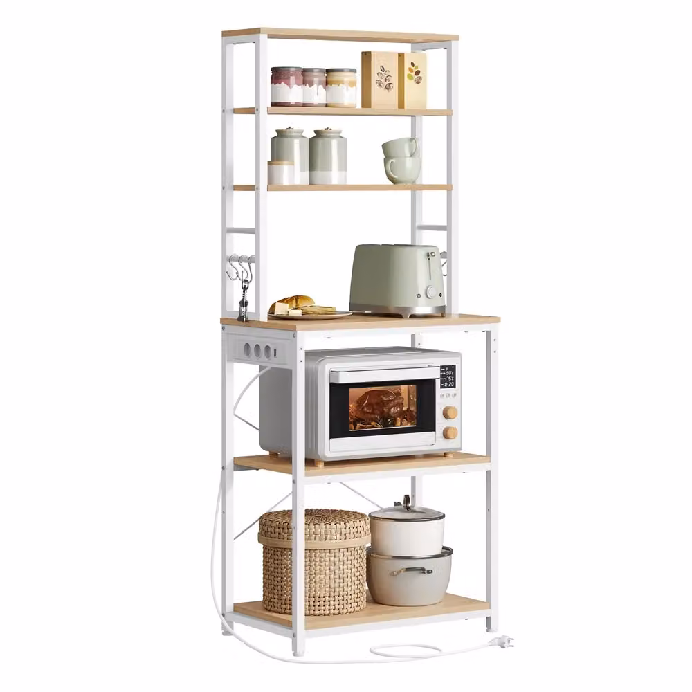 Scaffale da Cucina con Ciabatta Ganci per Forno a Microonde, Rovere Dorato + Bianco Nuvola / 60L cm